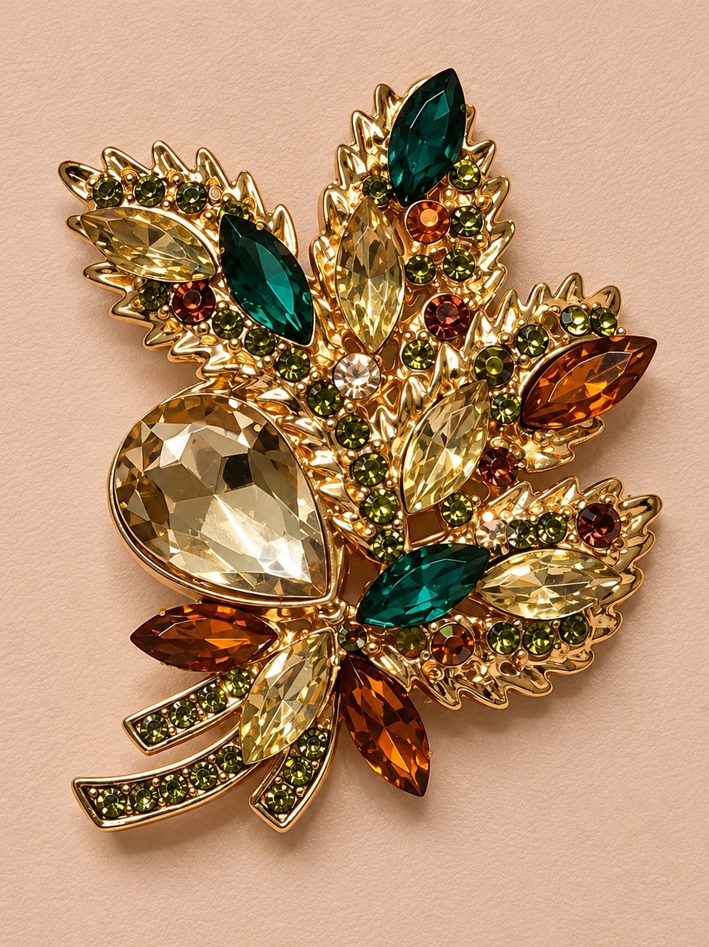 Gold-Tone Autumn  Leaf Brooch in Amber, Green